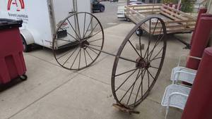 lot 164 image: Antique Metal Wagon Wheels with Axle