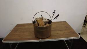lot 128 image: Copper Bucket with Firewood and Fireplace Tools