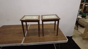 lot 153 image: Pair of Vintage Wooden Side Tables with Duck Embroidery Inlay