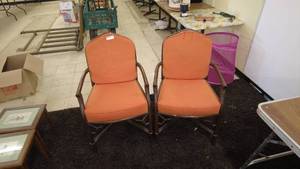 lot 155 image: Pair of Orange Upholstered Armchairs with Bamboo Frame