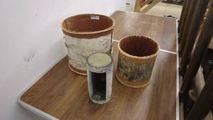 lot 162 image: Lot of Three Decorative Birch Bark Baskets with One Metal Vase