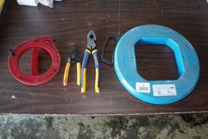 Assorted Tools -Cable Snake, Steel Fish Tape, Vise-Grip, Wire Stripper