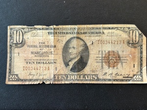 1929 Brown Seal $10 Dollar National Currency Bank of Minneapolis