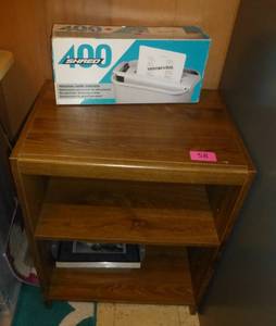 lot 58 image: small shelving unit 21x15x26 and wastebasket paper shredder