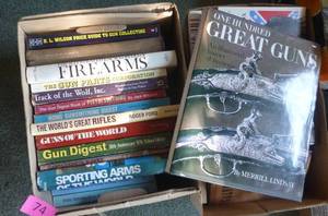 lot 74 image: 2 Boxes full of books on Guns, Gunsmithing, Price guide, Winchester