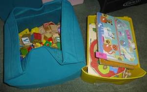 lot 102 image: Box of wood blocks and puzzle boards