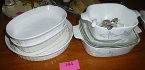 lot 144 image: Corning ware bakeware, unique flower shaped bowls, vintage glass plates