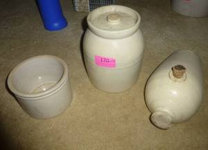lot 170 image: Stoneware butter crock, preserve jar with lid and hot water bottle