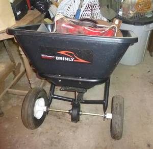 lot 184 image: Pull behind lawn seederfertilizer and contents