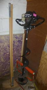 lot 215 image: Ice fishing auger and misc fishing stuff including an old map of the metro lakes