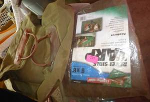 lot 221 image: 6x8 tarp and heavy canvas and leather wood carrying bag