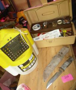 lot 228 image: Tackle box, minnow bucket and knife