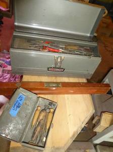 lot 237 image: Craftsman toolbox with tools, leather cobbler set, wood level