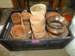 lot 244 image: Large group of terra cotta and ceramic planting pots, garbage can full of Soil, Fertilizer