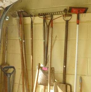 lot 258 image: Wall full of rakes, forks, hoes, shovels etc