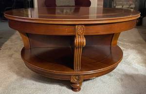 lot 273 image: Wood coffee table with marquetry inlaid top and lower shelves