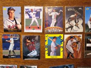 36 mostly Baseball trading cards - 18 Atlanta Braves Chipper Jones cards and 4 Angels Mike Trout cards and more (most in protective cases)