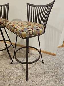lot 13 image: Johnson Casuals Furniture Iron Frame Counter stools with Slotted Scalloped Backrests (Two)