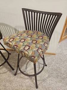 lot 15 image: Johnson Casuals Furniture Iron Frame Counter stools with Slotted Scalloped Backrests (Three)