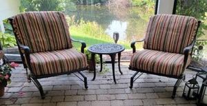 lot 6 image: Henrickson Herringbone Patio Rocking Chairs and Side Table, A