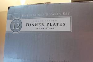 lot 19 image: Assorted Plastic Storage Containers and Silver-Banded Dinner Plates Set