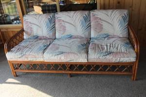 lot A-26 image: Rattan Sofa with Removable Cushions and Decorative Pillows