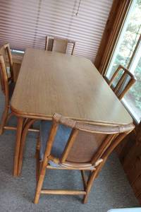 lot A-30 image: Vintage Wooden Dining Table with 4 Upholstered Chairs