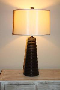 lot 55 image: Modern Tiered Dark Wood Table Lamp with Beige Shade