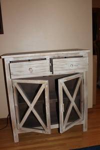 lot 56 image: Rustic Wooden Cabinet with Glass Doors and Drawers