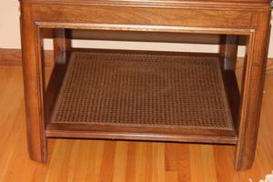lot 68 image: Wood and Glass Side Table with Lower Rattan Shelf