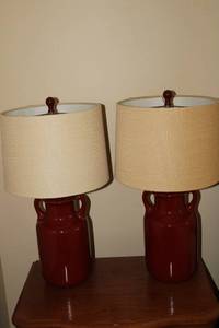 lot 83 image: Pair of Vintage Ceramic Table Lamps with Dual Handles and Fabric Shades