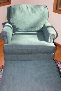 lot 87 image: Green Armchair with Matching Ottoman and Decorative Pillow