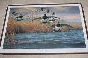 lot 117 image: Framed Limited Edition Print Bluebills Gliding In by Rob Leslie