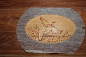 lot 127 image: Handcrafted Duck Carvings and Framed Pheasant Club Posters