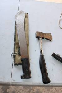 lot 187 image: Lot of Various Outdoor Tools including Pole Saw, Axe, Machete, and Hand Saw