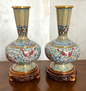 lot 96 image: Pair of Gorgeous Persian Style Cloisonn Vases with Stands