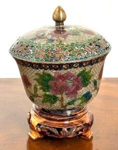 lot 103 image: Vintage Chinese Plique Jour Enamel Cloisonn Phoenix Bowl with Stand