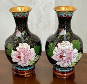 lot 121C image: Pair of Pretty Floral Design Cloisonn Vases with Stands