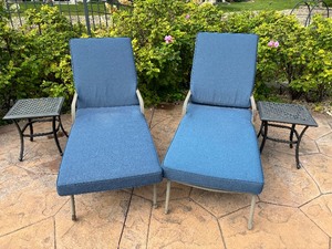 lot 115 image: Two Hampton Bay Lounge Chairs with Two Side Tables