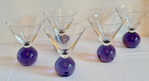 lot 142 image: Set of Five Art Glass Bubble Base Martini Glasses