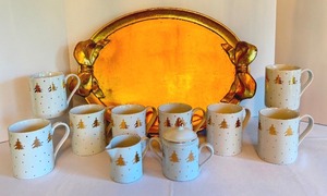 lot 238 image: Decorative Wooden Tray and Set of Tienshan Gold Pines Coffee Mugs and Cream and Sugar Set