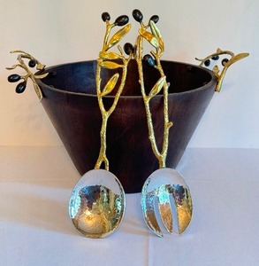 lot 233 image: Michael Aram Olive Branch Salad Bowl and Michael Aram Olive Branch Salad Serving Utensils
