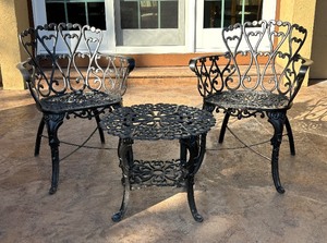 lot 177 image: Pretty Black Metal Patio Table with Two Chairs
