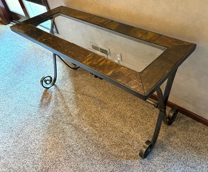 lot 212 image: Tile and Glass Top Console Table with Scrolled Legs