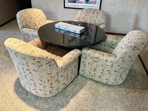 lot 211 image: Gorgeous Granite Game Table with Four Upholstered Arm Chairs