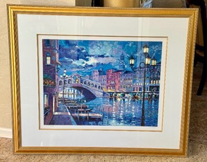 lot 409 image: Framed John Zaccheo Serigraph Evening on the Rialto