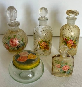lot 26 image: Vintage FRENCH Vanity Set including Cologne, Perfume & Powder Jars w Rose Floral Appliques - Qty 5
