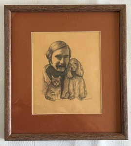 lot 27 image: Framed Vintage 70s Pencil Drawing of Michael Fox Surrounded by Animals by Nancy Jones