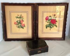 lot 28 image: Vintage Victorian Botanical Bookplate Prints framed in Mahogany Frames w a Decorative Wood Ladies Vanity Box