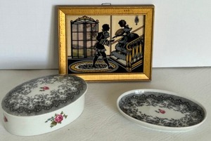 lot 29 image: Vintage Reverse SiLHOUETTE Print With a Set of GDA French Limoges France Porcelain Trinket Box & Dish